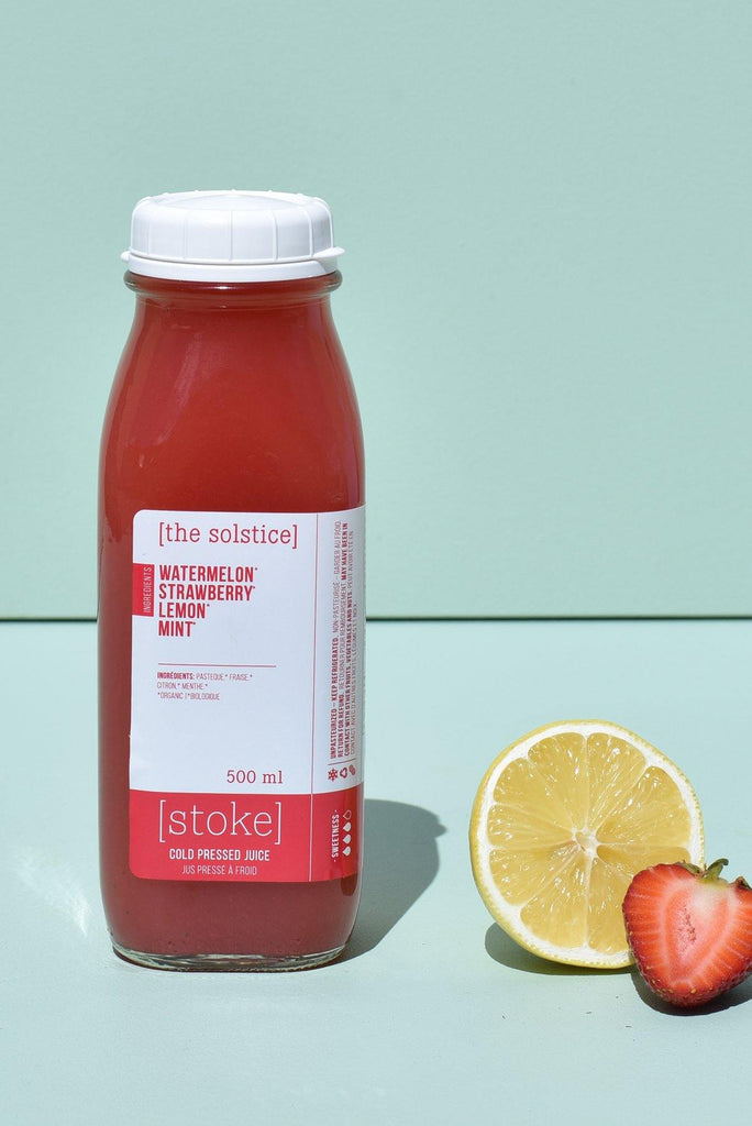 [ the solstice ] cold pressed juice with watermelon and strawberry